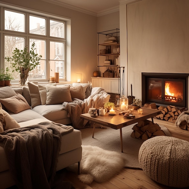 a living room with a fireplace and a fire place with a fireplace