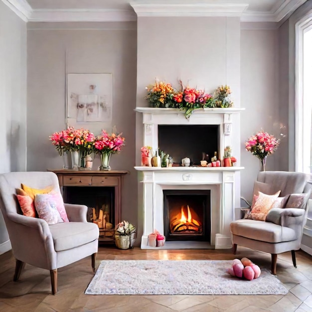 a living room with a fireplace and a fire place with flowers on the mantle