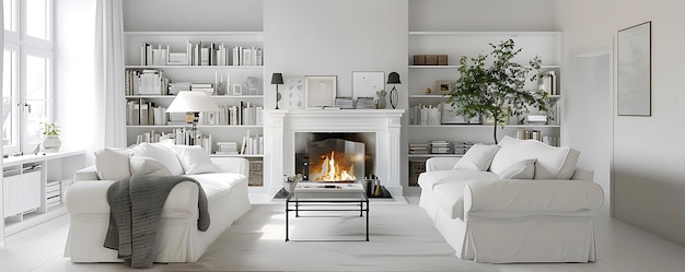 Photo a living room with a fireplace and a fireplace with a fire place in the middle