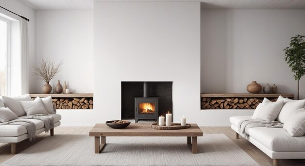 Photo a living room with a fireplace and a fireplace with a fire place in the middle