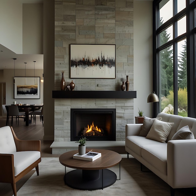 Photo a living room with a fireplace and a fireplace with a fireplace in the background