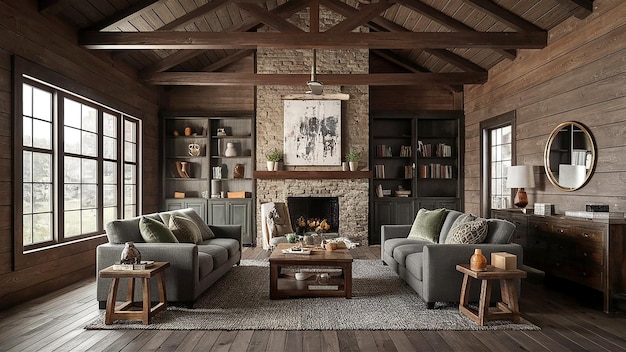 a living room with a fireplace and a fireplace with a picture of a man on the wall