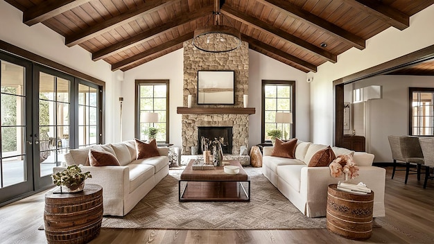 a living room with a fireplace and a fireplace with a stone fireplace