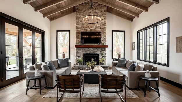 a living room with a fireplace and a fireplace with a stone fireplace