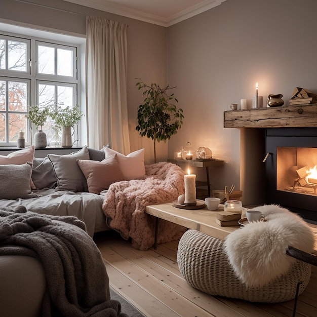 Photo a living room with a fireplace and a fireplace with a tree on the top