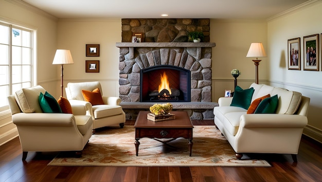 Photo a living room with a fireplace and a fireplace