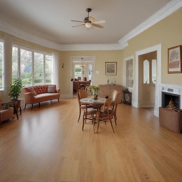 a living room with a fireplace and a fireplace