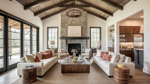 a living room with a fireplace and a fireplace