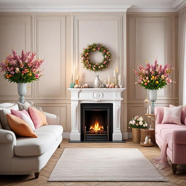 a living room with a fireplace and flowers on the mantle