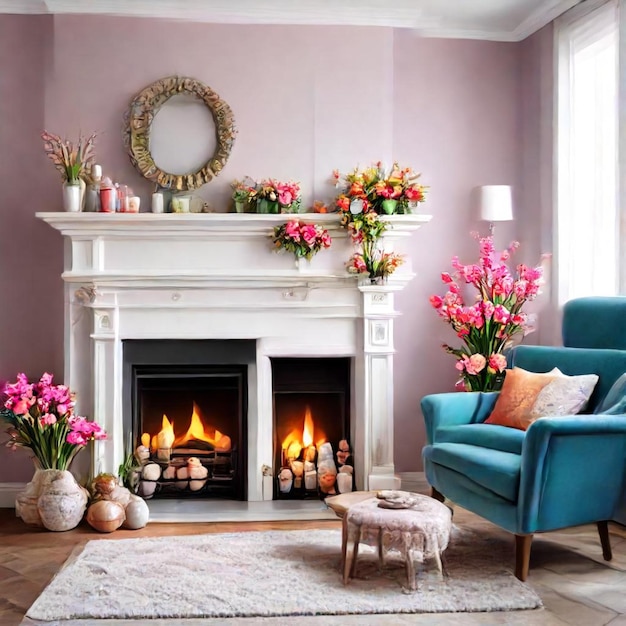 a living room with a fireplace and flowers on the mantle