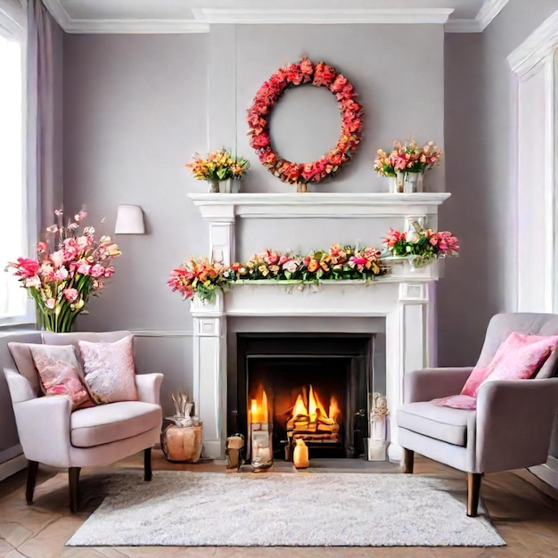 a living room with a fireplace and flowers on the mantle