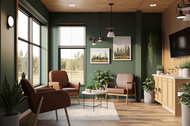 A living room with a fireplace and a green wall with a wooden floor and a wooden table with chairs and a fireplace.