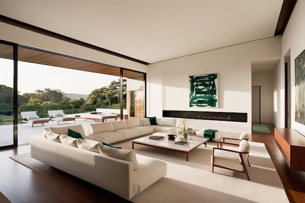 a living room with a fireplace and a large green painting on the wall