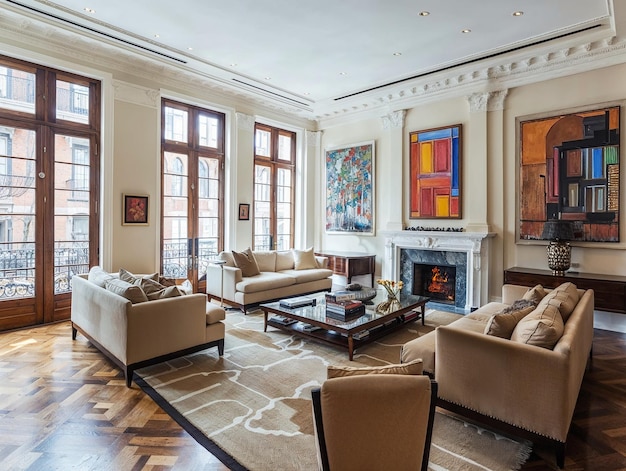 a living room with a fireplace and a large painting on the wall