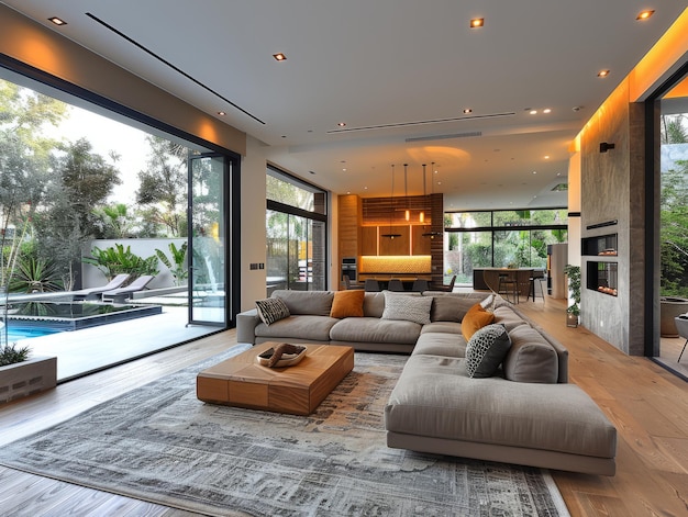 a living room with a fireplace and a large screen door