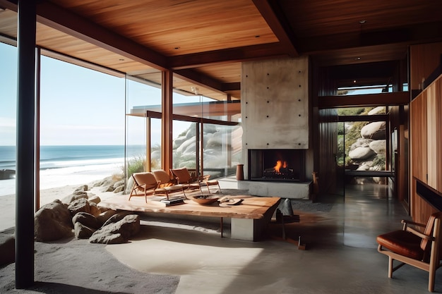 A living room with a fireplace and a large window that says " the beach ".