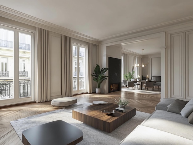 a living room with a fireplace and a large window with the blinds open