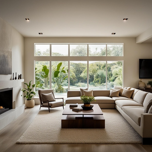 a living room with a fireplace and a large window with a view of the outside