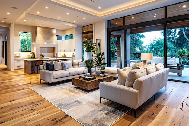 a living room with a fireplace and a large window