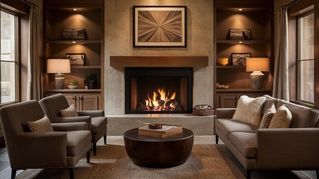 a living room with a fireplace and a large wooden coffee table