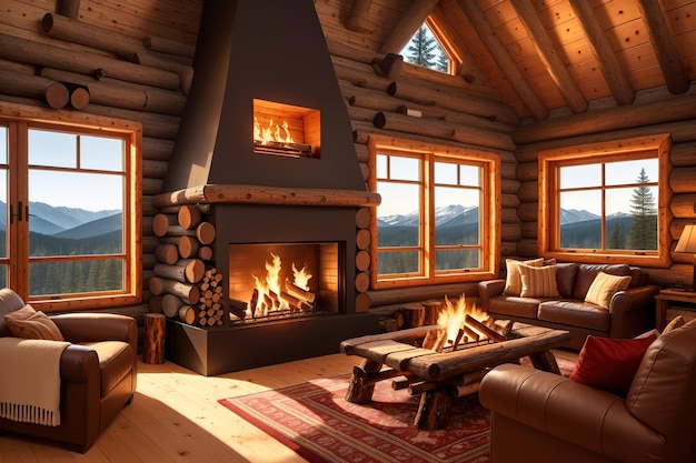 A living room with a fireplace and a mountain view