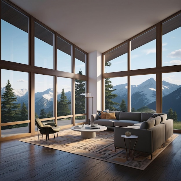 a living room with a fireplace and mountains in the background