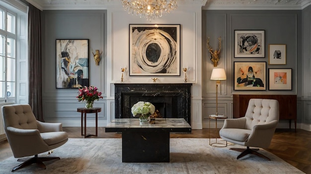 a living room with a fireplace and a painting of a circle on the wall