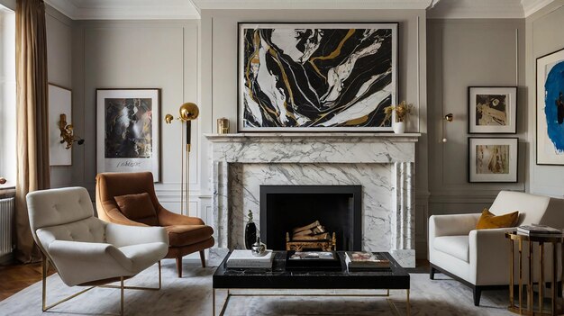 a living room with a fireplace and a painting on the wall