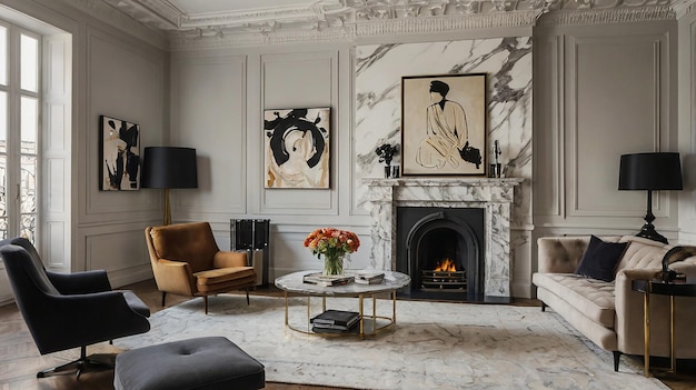 a living room with a fireplace and a painting of a woman on the wall