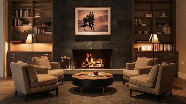 a living room with a fireplace and a picture of a man riding a horse