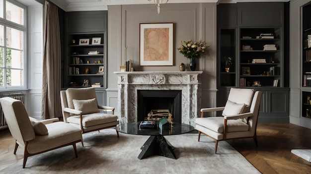 a living room with a fireplace and a picture of a map on the wall