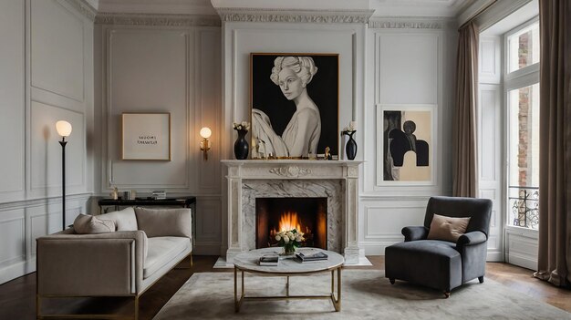 a living room with a fireplace and a picture of a woman on the wall