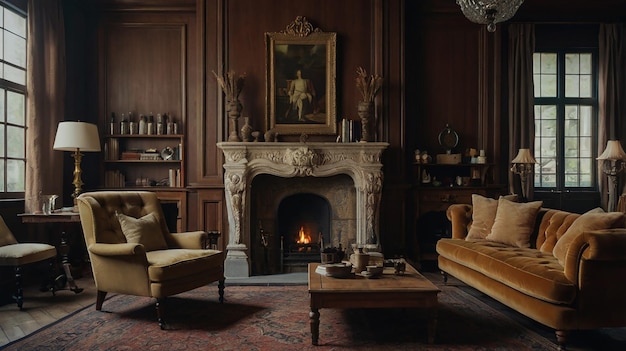 a living room with a fireplace and a picture of a woman on the wall