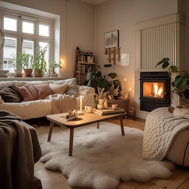 a living room with a fireplace and a rug with a fire place in the corner