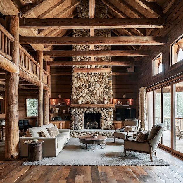 a living room with a fireplace and a stone fireplace