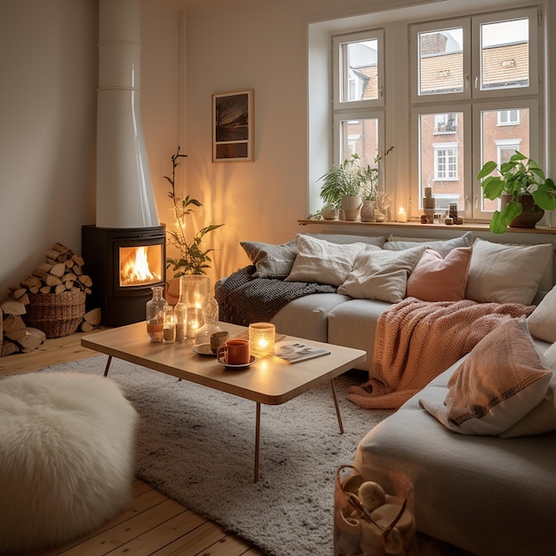 Photo a living room with a fireplace and a table with a candle on it