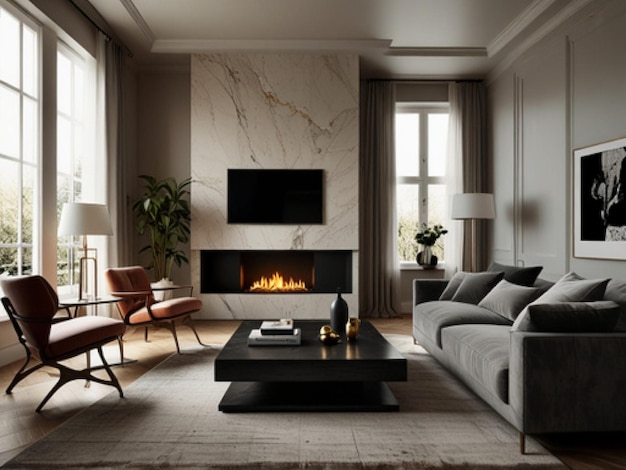 a living room with a fireplace and a tv above it