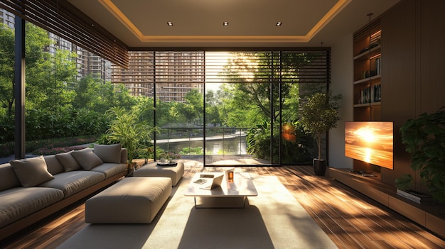 a living room with a fireplace and a view of the forest