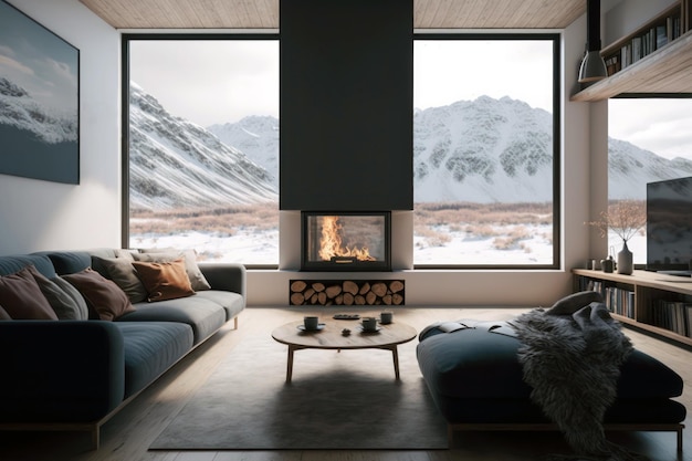 A living room with a fireplace and a view of the mountains.