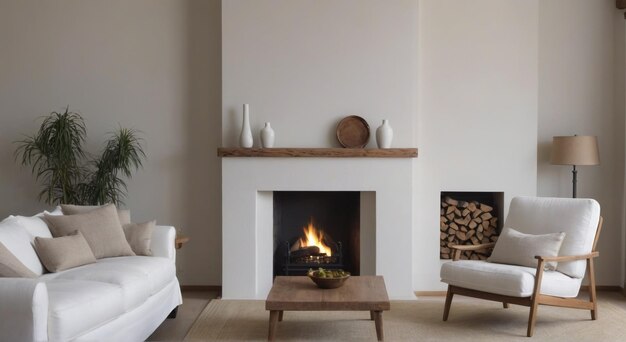 Photo a living room with a fireplace and a white couch