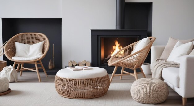 a living room with a fireplace and a wicker chair with a fireplace in the background