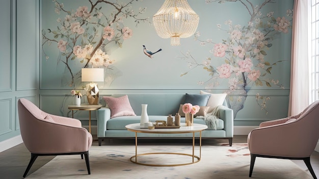 A living room with a floral wallpaper and a blue sofa.