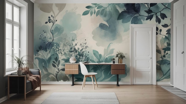 A living room with a floral wallpaper and a desk with a desk and a chair.