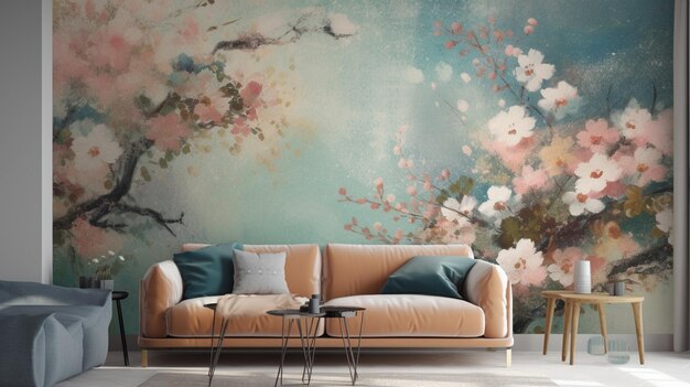 A living room with a floral wallpaper and a sofa