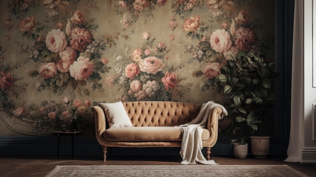 A living room with a floral wallpaper