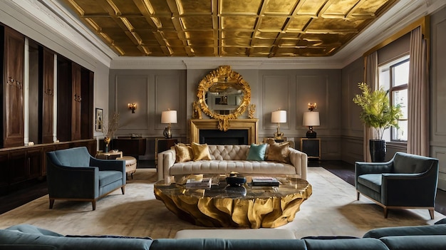 a living room with a gold ceiling and a fireplace