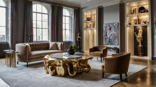 Photo a living room with a gold table and chairs with a large painting on the wall