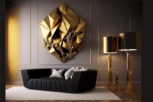 A living room with a gold wall art that has a large gold sculpture on it.