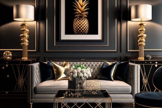 Living room with golden Art deso style decorations