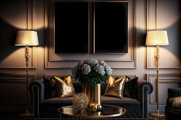 Living room with golden decorations Interior design Art Deco style